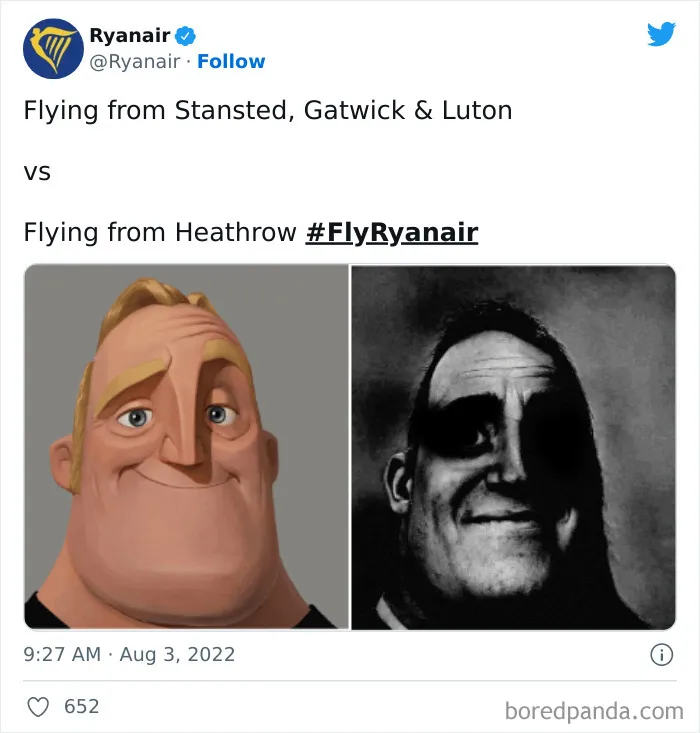 Ryanair tweet comparing flights from Stansted, Gatwick, Luton versus Heathrow with humorous face images for savage social media roasts.