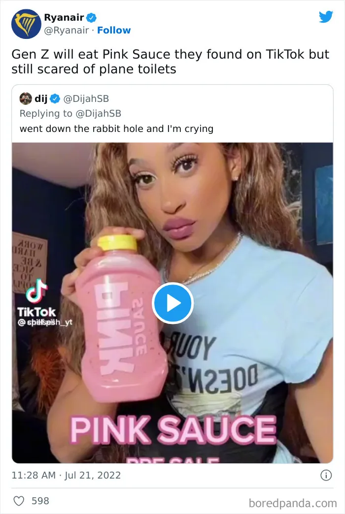 Tweet from Ryanair showcasing a savage roast on social media about Gen Z eating pink sauce but fearing plane toilets.