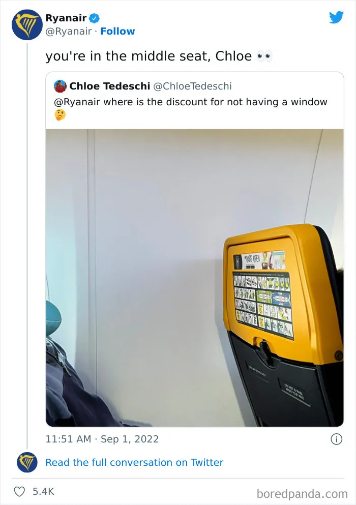 Ryanair social media savage roast showing a middle seat with no window on an airplane interior wall.