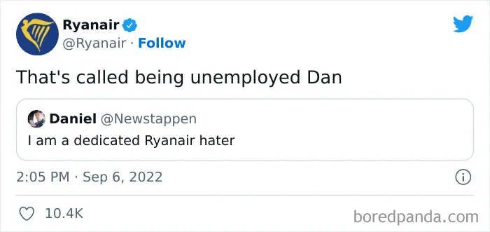 Ryanair's savage roast on social media, responding to a tweet with a humorous comeback.