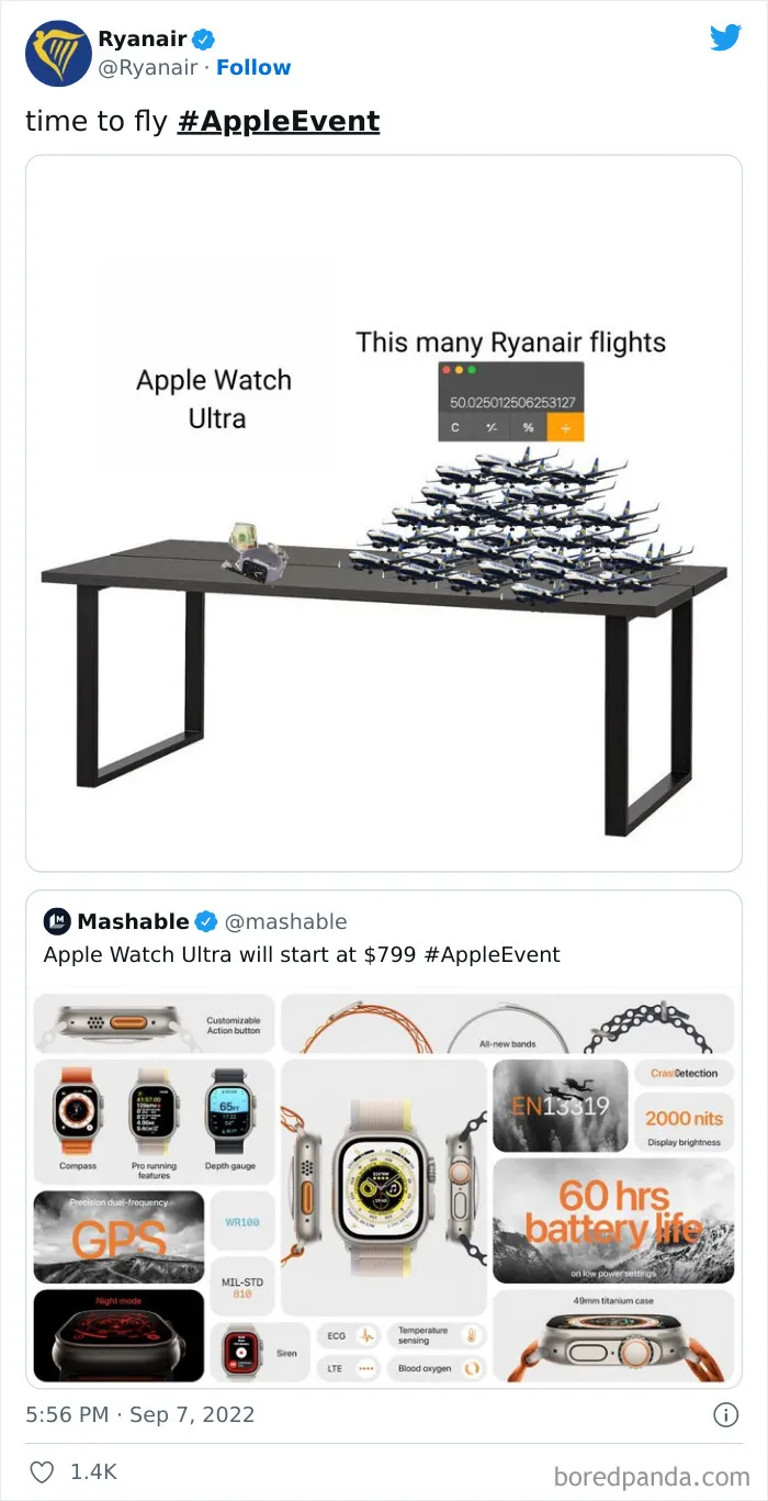 Ryanair's savage roast comparing tiny Apple Watch Ultra to 50 plus miniature Ryanair planes stacked on a table.