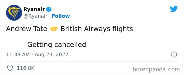 Screenshot of a Ryanair tweet roasting British Airways flights as getting cancelled, showcasing savage social media humor.