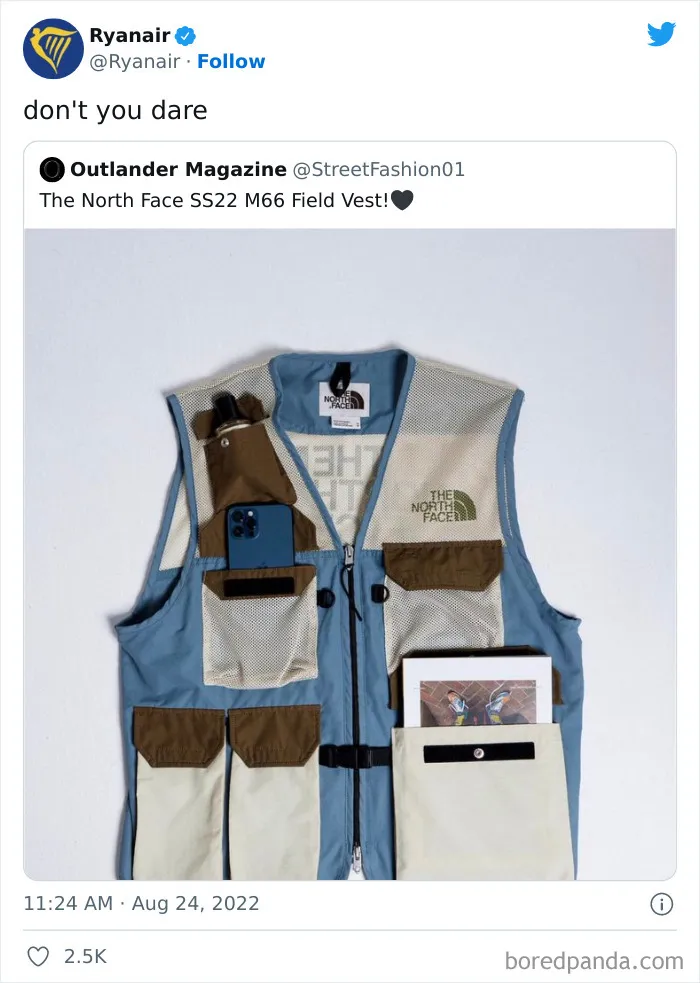 Ryanair savage roast on social media featuring a tweet with a multi-pocket North Face field vest and humorous caption.