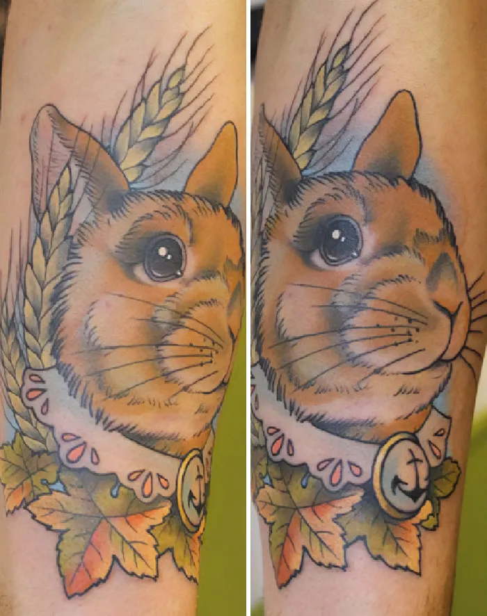 Pet tattoo featuring a rabbit with leafy details, celebrating the bond between humans and their pets.