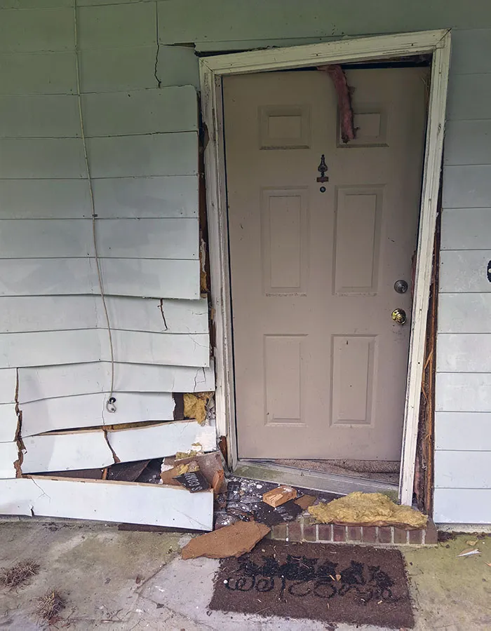 Neighbor's 12-Year-Old Grandkid Decided To Sneak In The Car And Take A Joyride. Freaked Out, Hit The Gas, And Crossed Their Lawn And Mine To Hit The Front Of My House