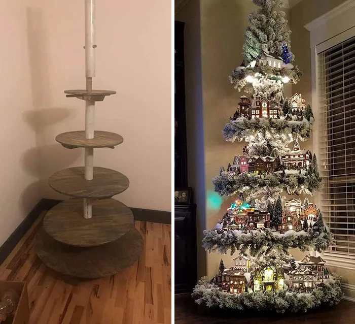 Hermoso árbol de Navidad antes y después