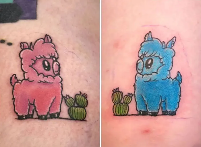 Cute matching alpaca tattoos in pink and blue symbolizing best friend tattoos.