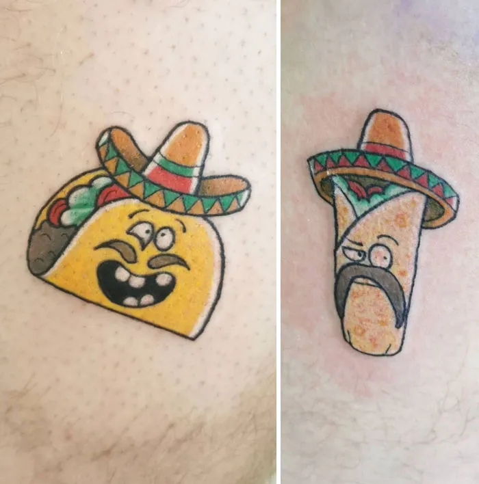 Funny taco and burrito best friend tattoos, each wearing a sombrero, symbolizing friendship.