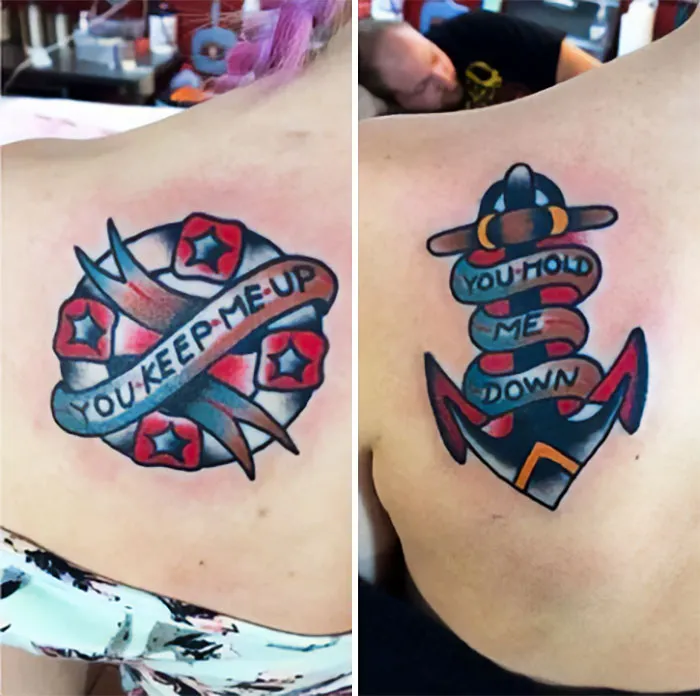 Matching best friend tattoos, one with a floral design reading "You keep me up" and the other with an anchor saying "You hold me down."