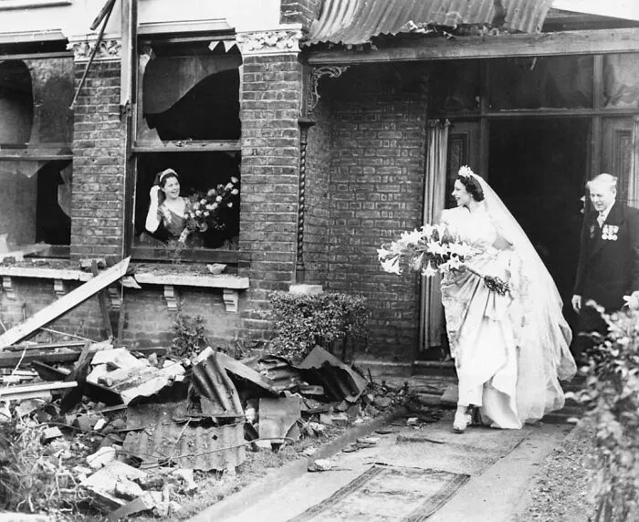 Bride Leaving Her Recently Bombed Home To Get Married, London, Nov 4, 1940