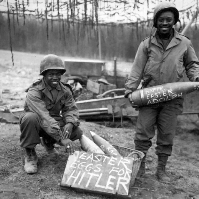 "Easter Eggs For Hitler" Two African American Gi's Pose At Easter Time With Personalised Infantry Shells. Ww2, 1940s