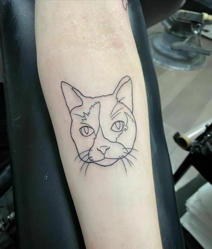 Line art tattoo of a cat on a person's forearm, symbolizing the bond between humans and pets.