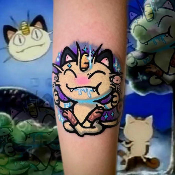 Cartoon tattoo inspired by animated shows featuring a playful character with vibrant colors on a forearm.