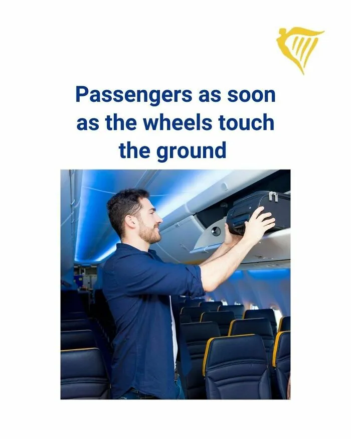 Man placing luggage in overhead bin inside airplane cabin illustrating savage roasts from Ryanair social media posts.