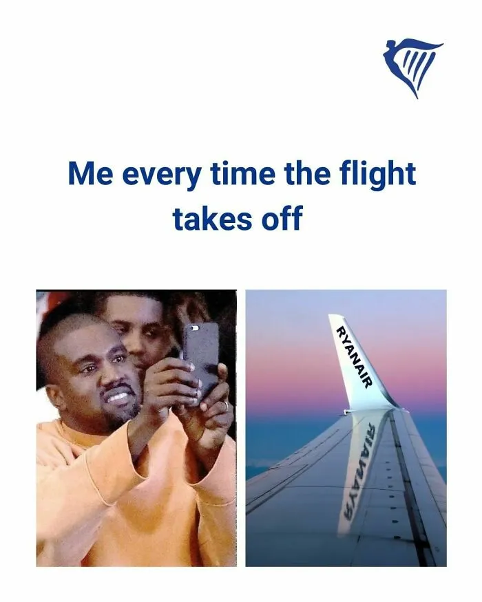 Man taking photo with phone paired with Ryanair airplane wing at sunset, highlighting savage roasts from Ryanair social media.