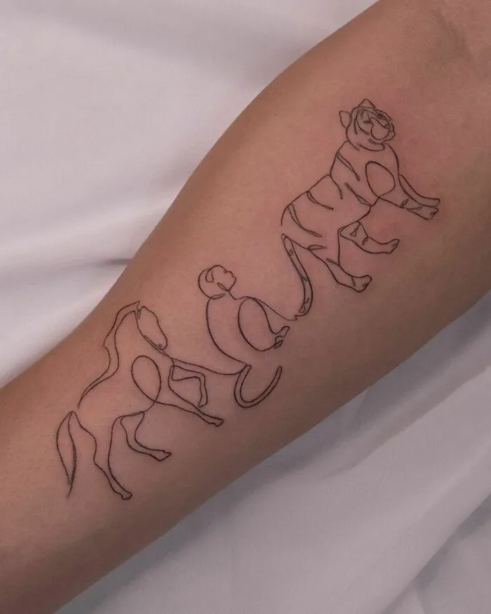 Fine-line tattoo featuring a single-line design of a horse, monkey, and tiger on an arm.
