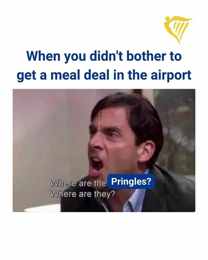 Man yelling in meme about missing snacks at airport, illustrating savage roasts from Ryanair's social media posts.