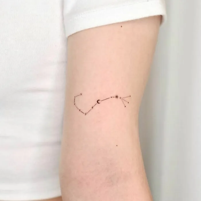 Minimalist tattoo of an intricate constellation design on forearm, showcasing aesthetically pleasing simplicity.