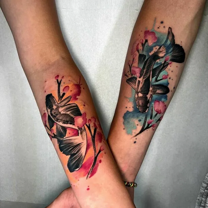 Matching Koi Fish Watercolor Tattoos
