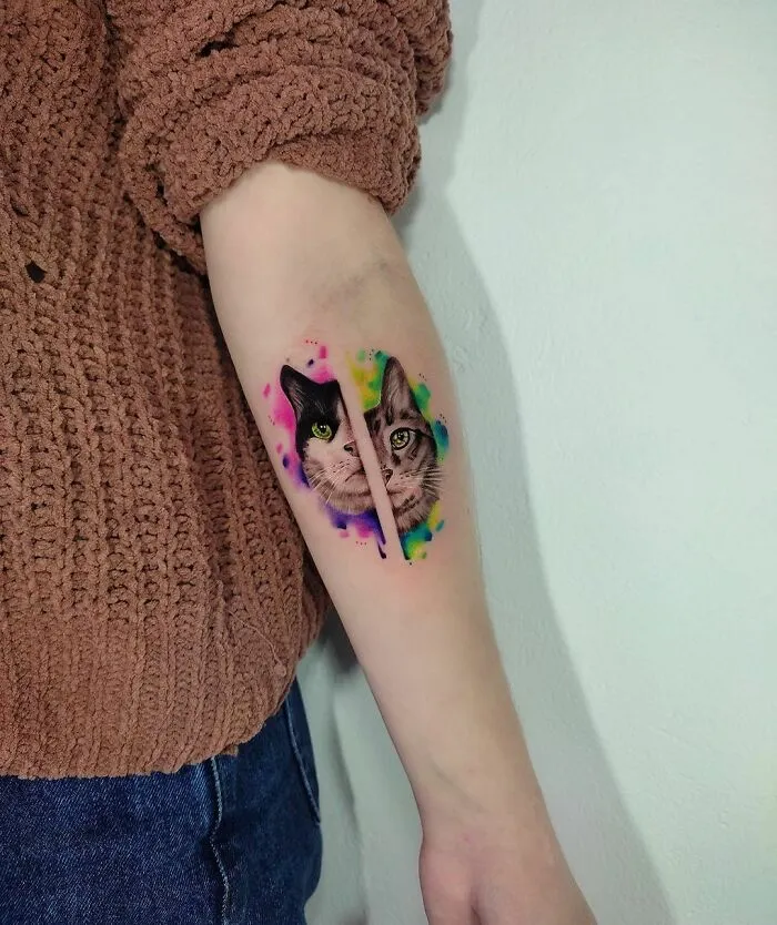 Watercolor Tattoo Of Two Cats