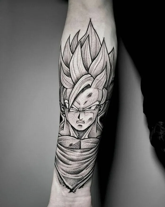 Tattoo of a character from a classic animated show, showcasing bold linework and shading on a forearm.