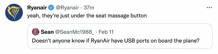Ryanair Twitter roast reply to a question about USB ports on planes, showcasing savage social media humor and engagement.