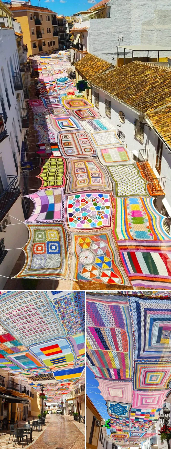 Fighting The Heat: Spanish Artists Decorate The Shopping District In Malaga With A Colorful Crocheted Canopy