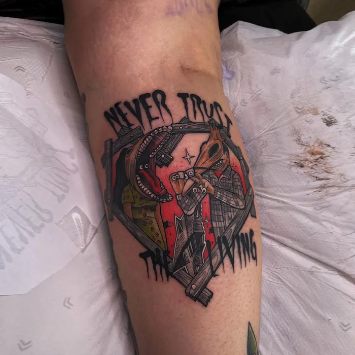 Colorful calf tattoo featuring an abstract design with the words "Never Trust the Living."