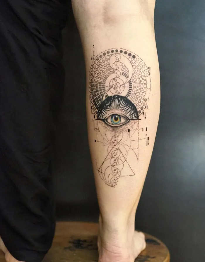 Unique calf tattoo featuring a geometric design with a central eye motif, blending intricate patterns and lines.