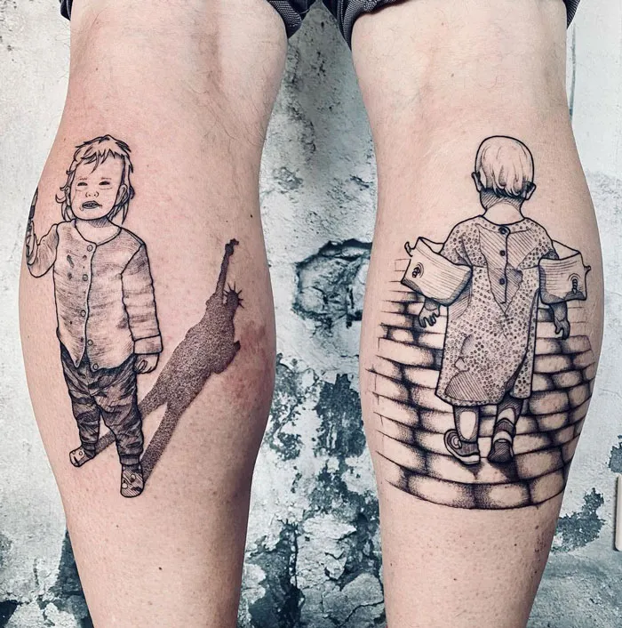 Two lower leg tattoos showing a child with shadow and a child carrying papers on stairs, showcasing creative lower leg tattoo art.