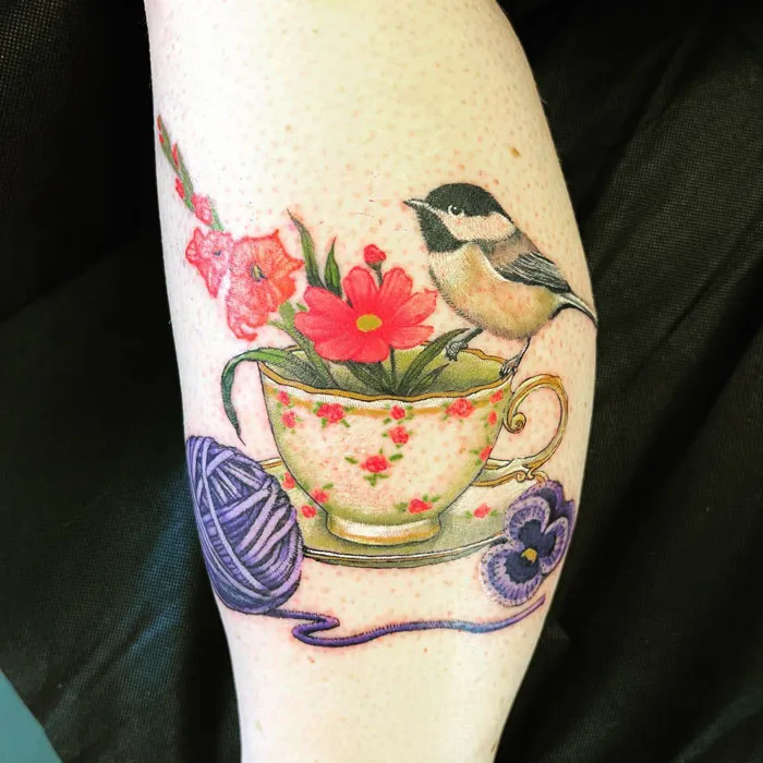 Tea Cup, Yarn, Chikadee And Flowers