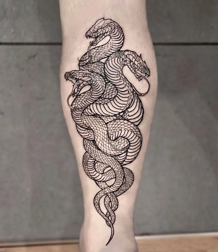 Intricate hydra calf tattoo design showcasing bold, detailed snakes entwined on a leg.