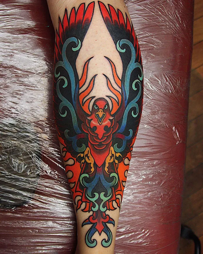 His First Tattoo; A Rising Phoenix, Complete With A Tad Of Norwegian