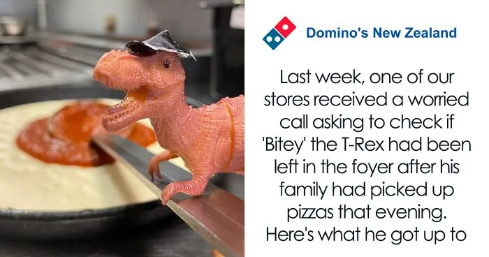 Domino’s Staff Make A Lost Toy Dino An Employee For The Night Until Its Family Come To Bring It Home