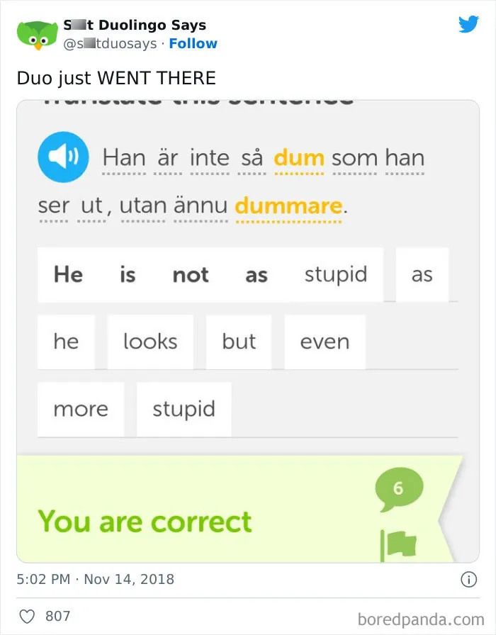 "Linguistic Gold Provided By Duolingo": 40 Of The Funniest And Most Unexpected Prompts Found On The App