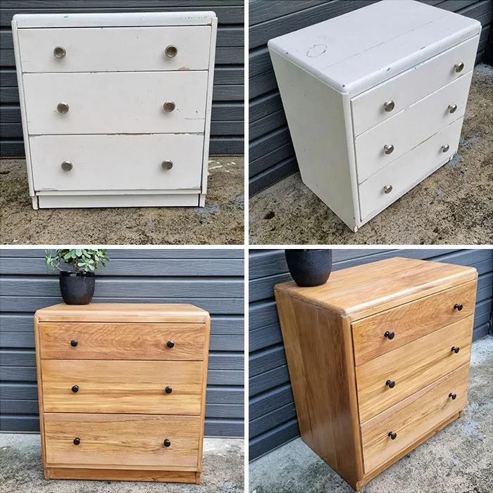 Debajo de 3 capas de pintura blanca y una capa de verde, estaba este hermoso mueble de madera de Rimu