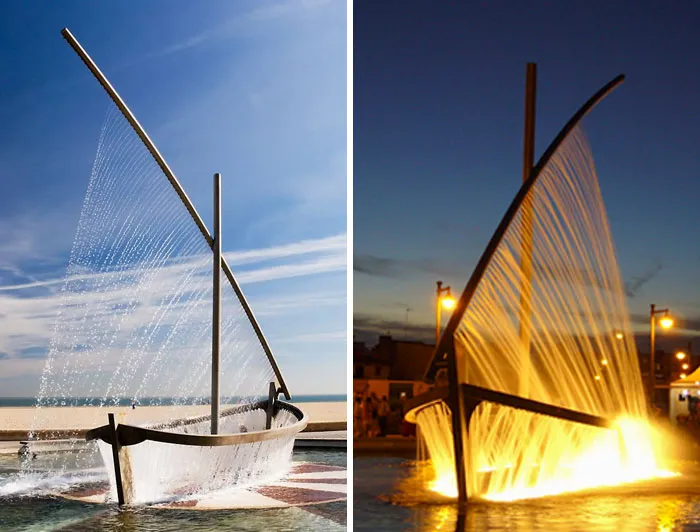 Water Boat Fountain (Fuente Del Barco De Agua), Located At Playa De La Malvarrosa In Valencia, Spain