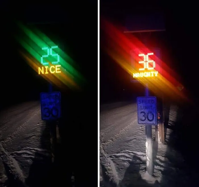 Police In Chester Vermont Have A Special Speed Limit Sign For Christmas. Legend Has It If You Go 69 MpH It Says Both 'Naughty' And 'Nice'