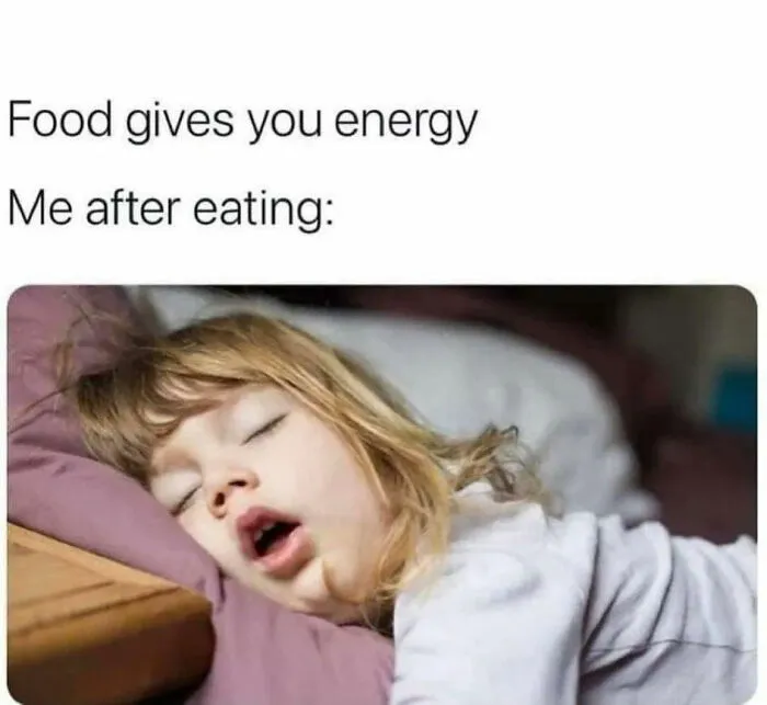 Young child sleeping on a pillow with meme text about food and energy, iconic internet culture.