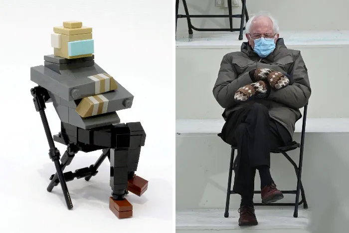 LEGO build of a person sitting on a chair with crossed legs and hands, showcasing incredible LEGO art craftsmanship.