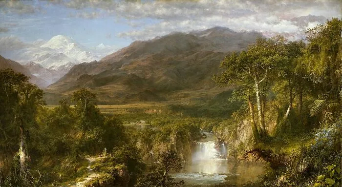 Landscape painting depicting a lush forest with a distant mountain and waterfall by a world-famous painter.