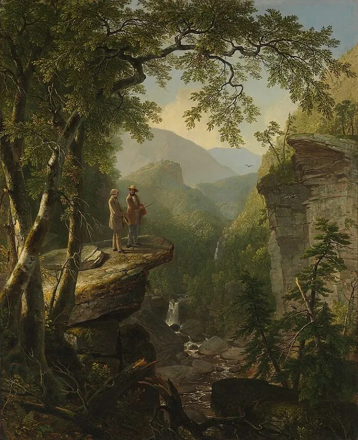 Two figures stand on a cliff overlooking a lush valley, depicting a landscape by a world-famous painter.