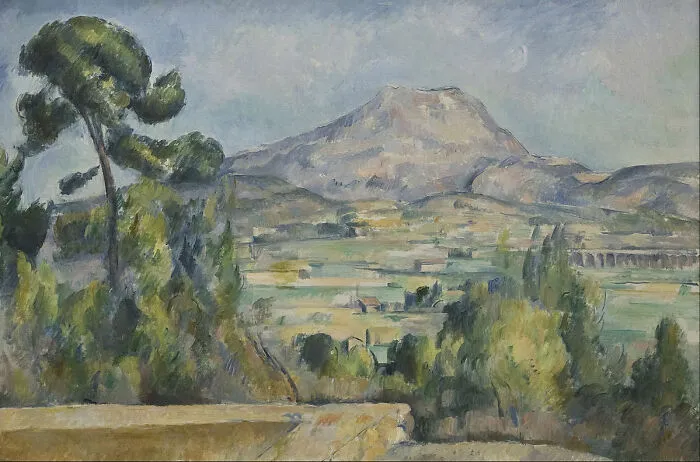 Landscape painting depicting a mountainous scene with trees and a cloudy sky by a world-famous painter.