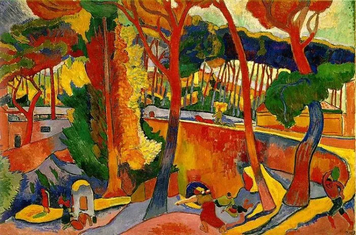 Vibrant landscape painting by a world-famous artist, featuring colorful trees and a lively scene.