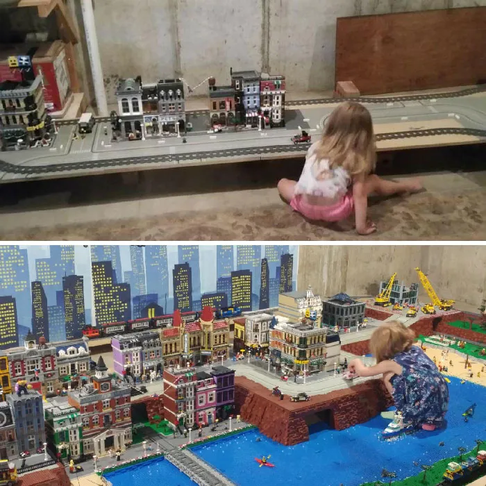 Girl playing with intricate LEGO builds depicting cityscapes and construction scenes, showcasing incredible LEGO builds as art.