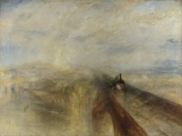 Impressionist landscape painting with a train crossing a bridge, showcasing dynamic brushstrokes and atmospheric effects.