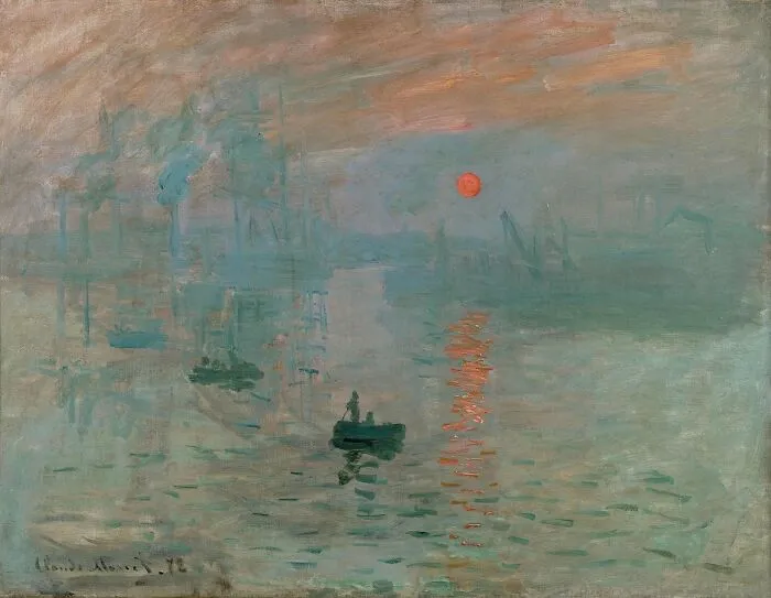 Famous landscape painting featuring a serene harbor at sunset with boats and a vivid orange sky.
