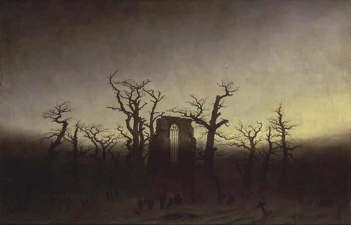 Mysterious landscape painting with barren trees and a ruined structure at twilight, by a world-famous painter.
