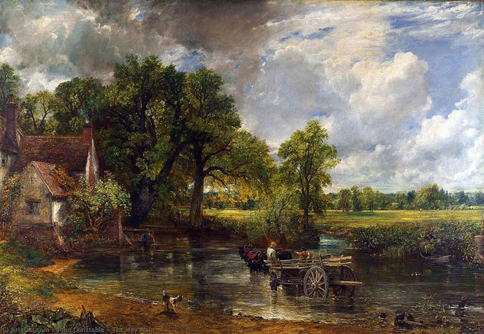 Landscape painting by a world-famous painter, depicting a tranquil scene with a cottage, trees, and a river under a cloudy sky.