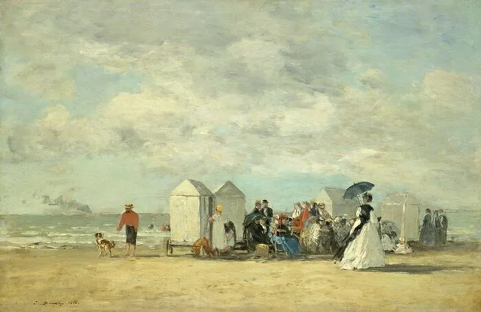 Beach scene in a landscape painting with Victorian-era figures and beach huts under a cloudy sky.